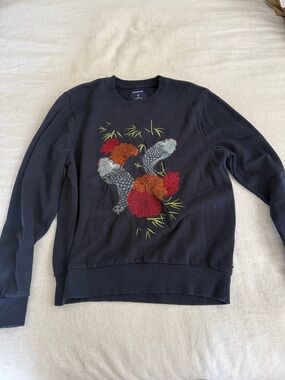 Men's Navy Crewneck Sweater with Embroidered Koi and Floral Motif